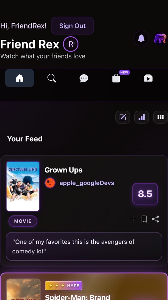Friends feed showing a rating and short review
